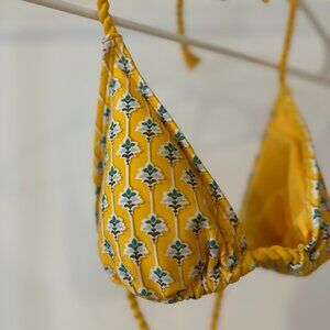 RHODE Yellow Boho Patterned Triangle Braided Tie Bikini Top
